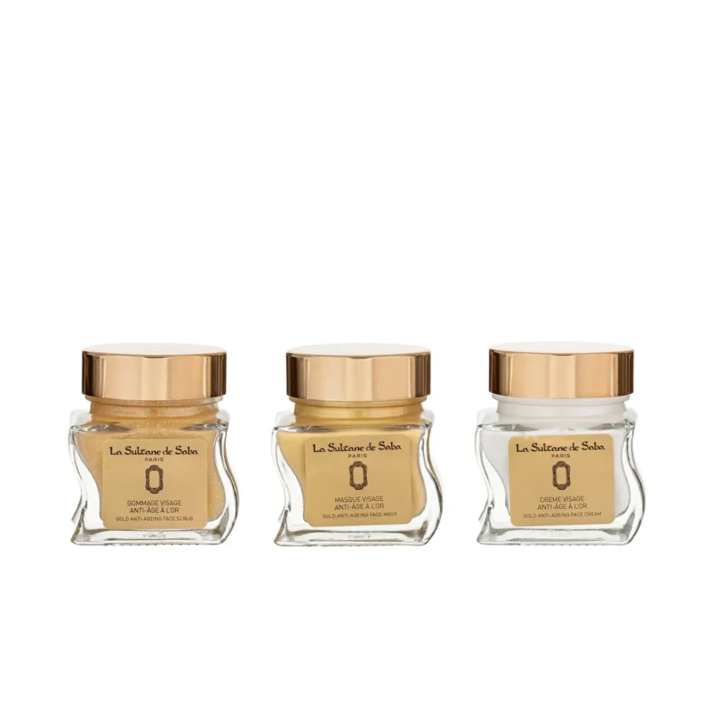 LA SULTANE DE SABA GOLD AND CHAMPAGNE FACIAL CARE KIT – AUKSAS, ŠAMPANAS – 23 KARATŲ AUKSO VEIDO PRIEŽIŪROS RINKINYS – VEIDO KREMAS, ŠVEITIKLIS, KAUKĖ